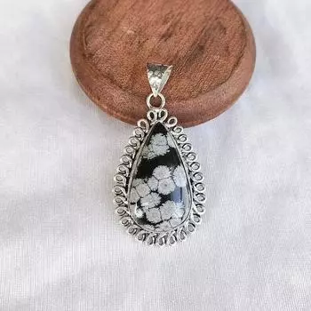 Подвеска из обсидиана снежинки 925 Серебряная цепочка Ожерелье Большой хрустальный кулон