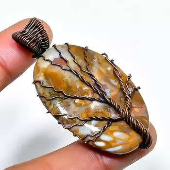 Подвеска из окаменелого драгоценного камня с трещиной в грязи, ручная работа, медная проволока, 2,17 дюйма 2.17 коричневый