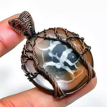 Подвеска из окаменелого драгоценного камня с трещиной в грязи, медная проволока, ручная работа, 1,77 дюйма 1.77 коричневый