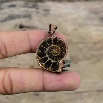 Подвеска из окаменелости аммонита, гальванопластическая медная подвеска, подвеска из драгоценного камня, грубая подвеска из аквамарина, ручная работа, гальванопластическая ювелирная подвеска для женщин