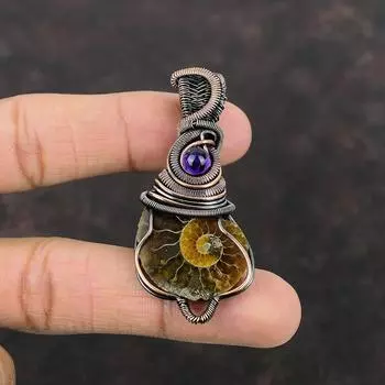 Подвеска из окаменелости аммонита, медная проволочная обертка, кулон из меди ручной работы, африканский аметист, проволочная обертка, драгоценный камень, подарок для нее