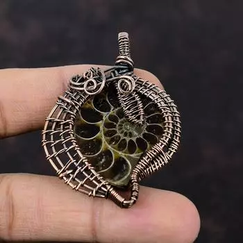Подвеска из окаменелости аммонита, обернутая медной проволокой, драгоценный камень, кулон ручной работы, уникальный стиль, ювелирное изделие, обернутое медной проволокой, кулон в подарок для матери