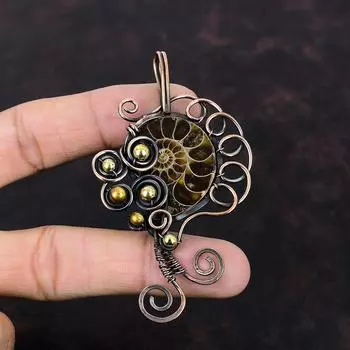 Подвеска из окаменелости аммонита, подвеска из медной проволоки, ювелирные изделия ручной работы из меди, подвеска из драгоценного камня высшего качества, подарок для нее, ювелирные изделия из проволоки