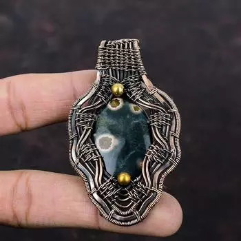 Подвеска из океанской яшмы, кулон из медной проволоки, кулон из натурального драгоценного камня, ювелирные изделия из медной проволоки, стильный кулон ручной работы, подарок для мамы