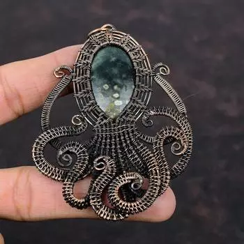 Подвеска из океанской яшмы, кулон из медной проволоки, кулон с осьминогом, кулон с драгоценным камнем, удивительные медные украшения, ювелирные изделия ручной работы, подарок для мамы