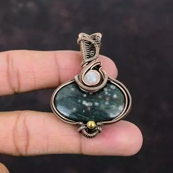 Подвеска из океанской яшмы Радужная подвеска из лунного камня Медная проволока Обернутые подвески Подвеска ручной работы Ювелирные изделия из медной проволоки Подвеска из драгоценного камня для подарка