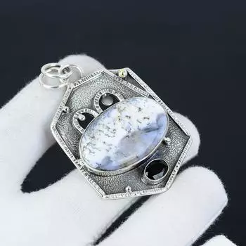 Подвеска из опала-дендрита, черного шпинеля, натуральный опал-дендрит, ручная работа, серебряный кулон 925 пробы для женщин, подарочный кулон 5.5 Cm. чёрный/белый