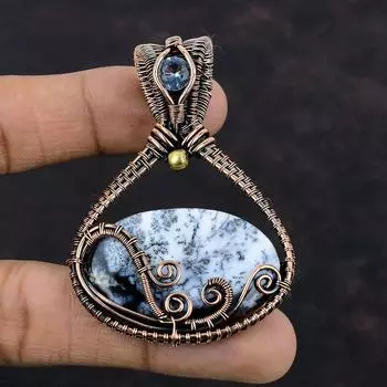 Подвеска из опала дендрита, обернутая медной проволокой, подвеска из кварца танзанита, медные украшения для подарка, подвеска ручной работы, обернутая драгоценными камнями