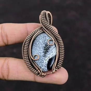 Подвеска из опала дендрита, обернутая медной проволокой, ювелирные изделия из драгоценного камня дендрита, опала, уникальная подвеска, медные ювелирные изделия, подарок для нее, кулон ручной работы
