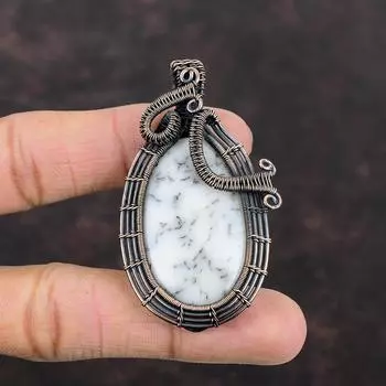 Подвеска из опала с дендритом, медная проволочная обертка, подвеска из драгоценного камня, медная дизайнерская бижутерия, подарок для него, подвеска ручной работы, проволочная обертка, ювелирные изделия