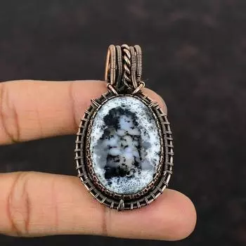 Подвеска из опала с дендритом, медная проволока, обернутая подвеской, замечательная медная бижутерия, женская подвеска ручной работы, обернутая проволокой, драгоценный камень, подарок для нее