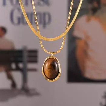Подвеска из овального тигрового глаза с камнем в виде лезвия из рисовой бусины на ключицу, женская двухслойная цепочка из титановой стали с позолотой