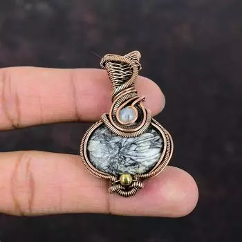 Подвеска из пинолита из яшмы, медная проволока, обернутая радугой, подвеска из лунного камня, подвеска из натурального драгоценного камня, медные украшения, подвеска ручной работы, подарок для него
