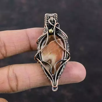 Подвеска из полихромной яшмы, медная проволока, кулон ручной работы, драгоценный камень, медь, ювелирные изделия, подарок для мамы, уникальный кулон, ювелирные изделия из проволочной обмотки