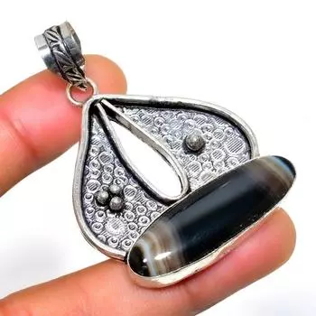 Подвеска из полосчатого агата с посеребрением 925 пробы, ручная работа, 2,46 дюйма 2.46 чёрный