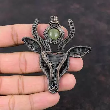 Подвеска из пренита, медная проволочная подвеска, ручная работа, подвеска в виде коровьей морды, ювелирные изделия из драгоценных камней, этническая подвеска, медные ювелирные изделия, подарок для нее