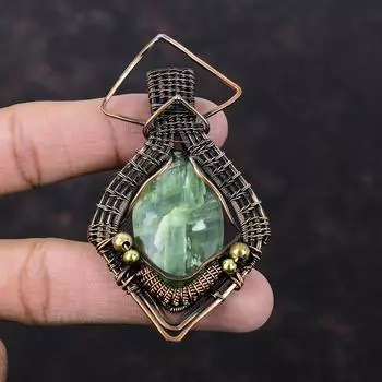 Подвеска из пренита, подвеска из медной проволоки, подвеска ручной работы, ювелирные изделия из натурального драгоценного камня, этнический стиль, подвеска из медной проволоки, подарок для него