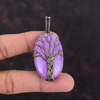 Подвеска из пурпурита «Дерево жизни», подвеска из медной проволоки, подвеска ручной работы, дизайнерское ювелирное изделие из меди, подарок для нее, ювелирное изделие из драгоценных камней с проволочной обмоткой