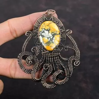 Подвеска из яшмы Малигано, медная проволока, кулон в виде осьминога, ювелирные изделия из драгоценных камней, новый кулон, подарок для нее, медные украшения ручной работы