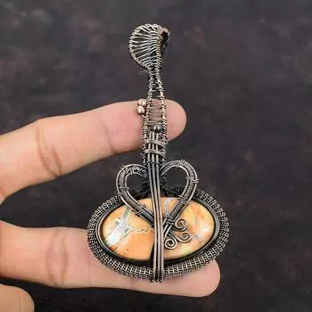 Подвеска из яшмы Малигано, подвеска из драгоценного камня, ювелирное изделие из медной проволоки, подвеска в виде гитары, антикварная медная подвеска, подарок на годовщину, ювелирное изделие ручной работы