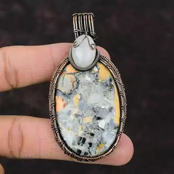 Подвеска из яшмы Малигано, подвеска из медной проволоки, подвеска с радужным лунным камнем, ювелирные изделия из медной проволоки, подарок на годовщину, подвеска из драгоценного камня ручной работы