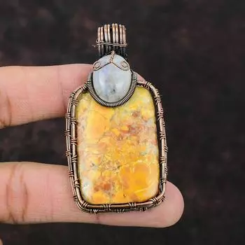 Подвеска из яшмы Малигано, подвеска из медной проволоки, радужная лунная бижутерия, ювелирные изделия из медной проволоки, подарок на годовщину, подвеска ручной работы