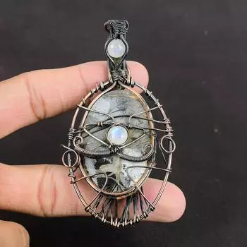 Подвеска из яшмы Малигано сглаза, медная проволока, кулон, кулон с драгоценным камнем, медная подвеска ручной работы, подарок для нее, медный кулон с лунным камнем