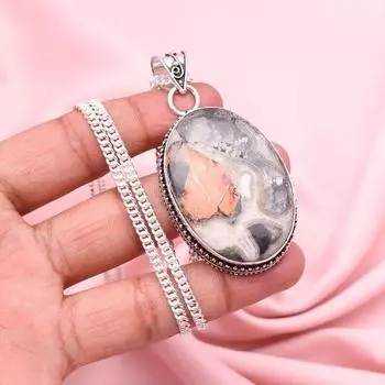 Подвеска из яшмы малингано с серебряным ожерельем-цепочкой из стерлингового серебра 925 пробы