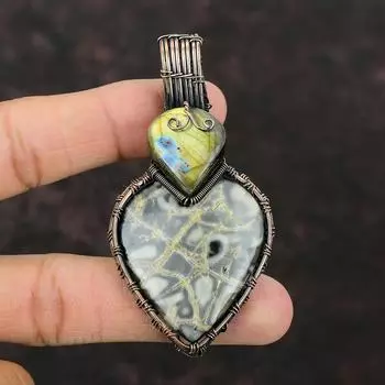 Подвеска из яшмы Пикассо, медная проволока, обернутая подвеска, подвеска из лабрадорита, медные украшения ручной работы, подвеска из драгоценного камня, дизайнерская подвеска для подарка