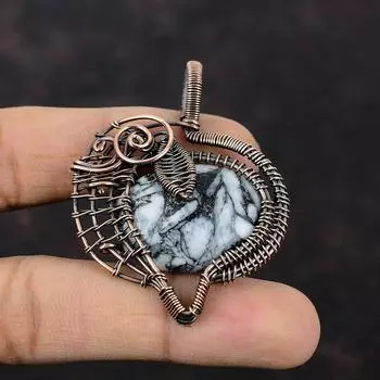 Подвеска из яшмы Pinolith, обернутая медной проволокой, подвеска из драгоценного камня, ювелирное изделие ручной работы, совершенно новая подвеска из медной проволоки, подарок на годовщину для нее