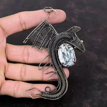 Подвеска из яшмы Pinolith, подвеска из медной проволоки, обернутая вручную, ювелирное украшение в виде дракона, потрясающий кулон из драгоценного камня, подарок для нее, ювелирное украшение из медной проволоки