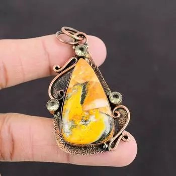 Подвеска из яшмы с лимонным кварцем, медная подвеска, ювелирные изделия ручной работы, подвеска из натурального драгоценного камня, уникальный медный ювелирный подарок для нее