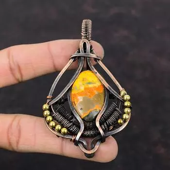 Подвеска из яшмы с медной проволокой, ювелирные изделия из драгоценных камней, кулон ручной работы, медный кулон, этнические украшения, кулон из проволочной обмотки, подарок для мамы