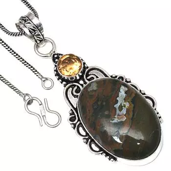 Подвеска из яшмы тропического леса, цитрина, кварца, драгоценного камня, серебряное украшение ручной работы 2,75 дюйма