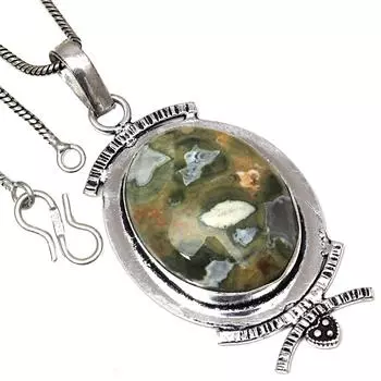Подвеска из яшмы тропического леса, драгоценный камень, ручная работа, старинное серебряное украшение 2,5 дюйма
