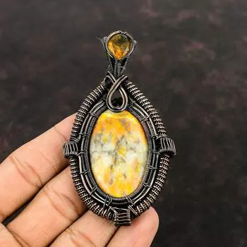 Подвеска из яшмы в виде шмеля, медная проволока, кулон, ювелирные изделия из натурального драгоценного камня, кулон с цитрином, кулон ручной работы, медный ювелирный подарок для нее