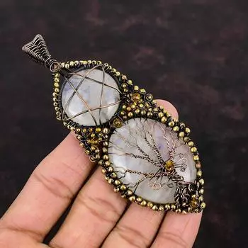 Подвеска из радужного лунного камня Древо жизни Подвеска Звезда Подвеска из медной проволоки Подвеска ручной работы Подарок в канун Рождества Подарок на Новый год