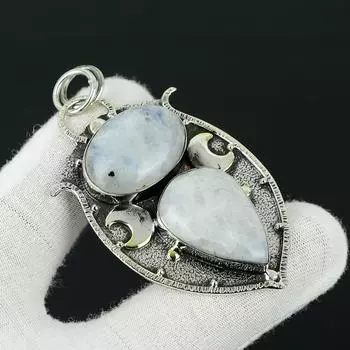 Подвеска из радужного лунного камня, исцеляющая подвеска, подвеска из стерлингового серебра 925 пробы, подвеска с двойным драгоценным камнем, подвеска из натуральных ювелирных изделий для подарка 2.55