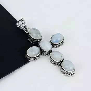 Подвеска из радужного лунного камня из серебра 925 пробы - Ручная работа, Дизайн креста, Украшение на каждый день, Уникальные подарки-подвески с радужным лунным камнем 2.95 белый