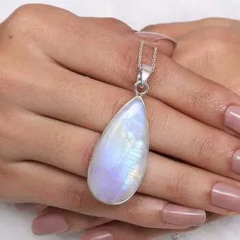 Подвеска из радужного лунного камня, подвеска из стерлингового серебра 925 пробы, июньский камень, подвеска в форме груши, большое ожерелье с драгоценными камнями, украшения ручной работы Free Size белый