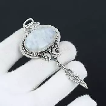 Подвеска из радужного лунного камня ручной работы с подвеской в виде пера из стерлингового серебра 925 пробы – идеальный подарок на Рождество, Новый год или любой другой праздник для нее 2.75 белый
