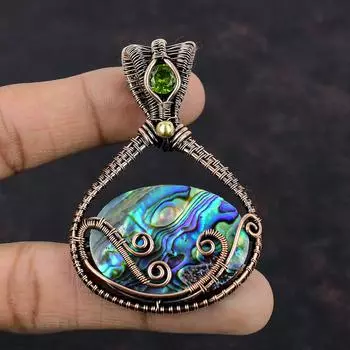 Подвеска из ракушки абалон, подвеска из медной проволоки, ювелирное украшение из перидота, дизайнерская подвеска ручной работы, медные украшения для подарка, подвеска из натурального драгоценного камня