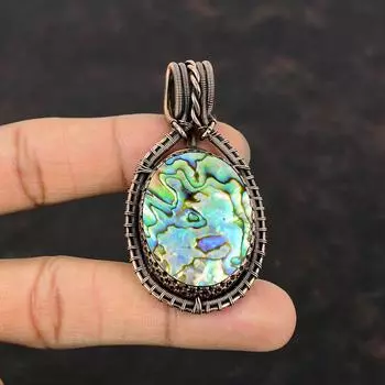 Подвеска из ракушки абалон, подвеска из медной проволоки, ювелирные изделия с драгоценными камнями, кулон ручной работы, уникальные медные ювелирные изделия, подарок для нее, ювелирные изделия с проволочной обмоткой