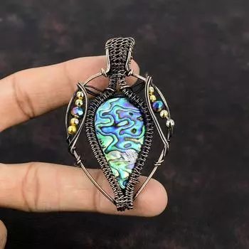 Подвеска из ракушки абалон, подвеска из медной проволоки, подвеска ручной работы из драгоценных камней, подвеска из титановых бусин, подарок для него, ювелирные изделия из медной проволоки