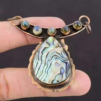 Подвеска из ракушки абалона, подвеска из лабрадорита, подвеска из драгоценного камня, подвеска из меди, подвеска ручной работы, подвеска из ракушки абалона, медная бижутерия, подарок для женщин, подвеска в стиле бохо