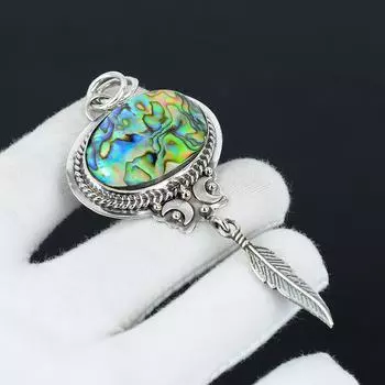 Подвеска из ракушки абалона ручной работы с подвеской в виде пера из стерлингового серебра 925 пробы – идеальный подарок на Рождество, Новый год или любой другой праздник для нее 2.75 зелёный