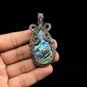 Подвеска из ракушки ушка, драгоценный камень, кулон в медной проволоке, медные украшения, ювелирные изделия из ракушки ушка, кулон ручной работы, подарок для ее матери синий