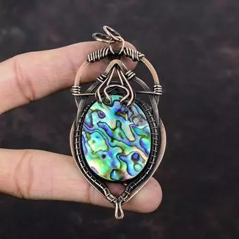 Подвеска из ракушки ушка, медная проволочная обертка, дизайнерская подвеска ручной работы, ювелирное изделие из ракушки ушка, подвеска из драгоценного камня, медные украшения для подарка