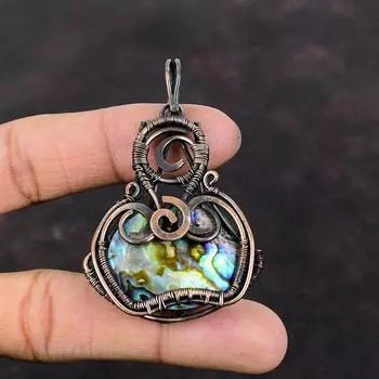 Подвеска из ракушки ушка, медная проволочная обертка, драгоценный камень из ракушки ушка, подвеска ручной работы, медные украшения, уникальный кулон, подарок для него