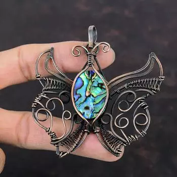 Подвеска из ракушки ушка, обернутая медной проволокой, подвеска из драгоценного камня, ювелирное изделие из ракушки ушка, подвеска в виде бабочки, подарок для него, ювелирное изделие из медной проволоки ручной работы